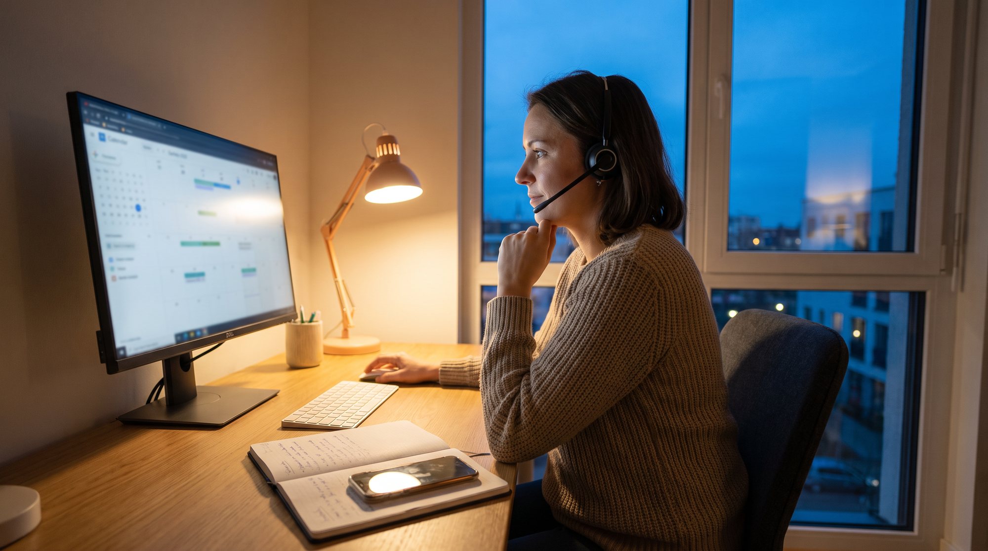 A woman wearing a headset sitting at a wooden desk at dusk, looking at a monitor that shows a calendar, with a lamp, a notebook, and a phone on the desk and a blue evening window beside her