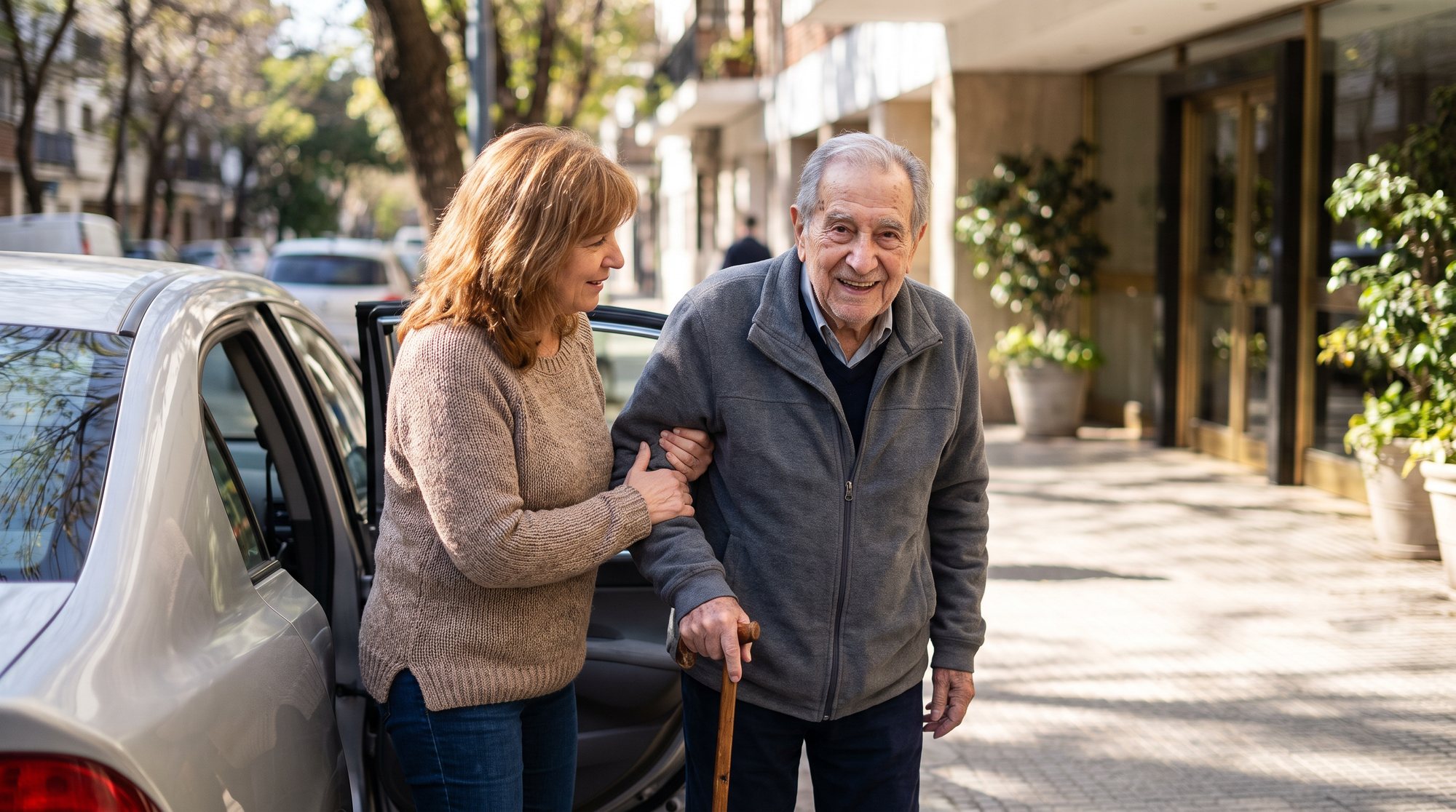 An adult woman in a tan sweater holding the arm of an older man with a cane as he steps away from an open silver car door on a sunny city sidewalk